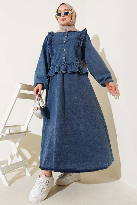 Ruffle Collar Rok Tweedelige Set Denim Blauw