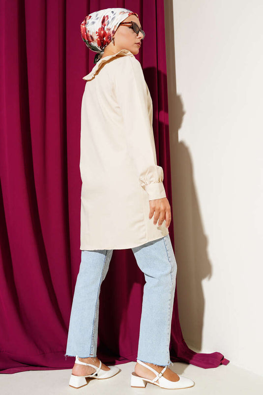 Yaka Fırfırlı Fiyonklu Tunik Bej