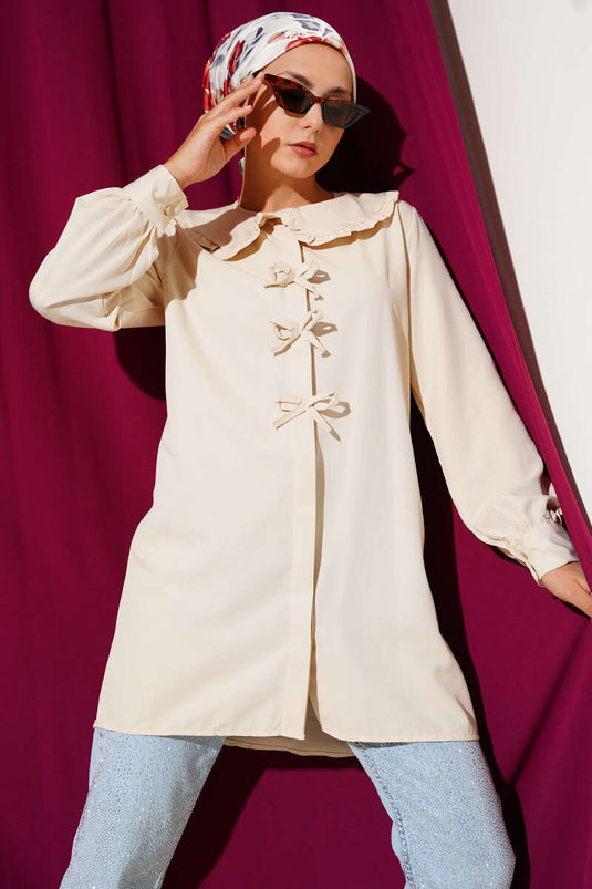 Yaka Fırfırlı Fiyonklu Tunik Bej