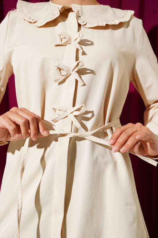 Yaka Fırfırlı Fiyonklu Tunik Bej