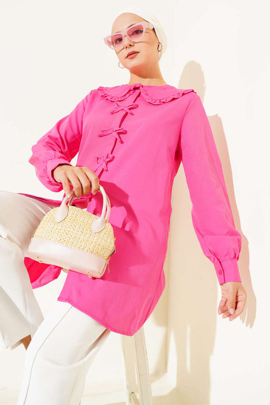 Yaka Fırfırlı Fiyonklu Tunik Fusya