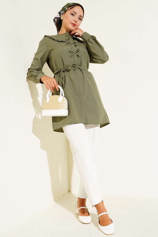 Ruffle Collar Bow Tunic Khaki