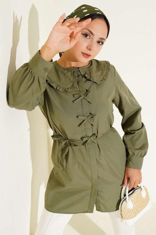 Ruffle Collar Bow Tunic Khaki