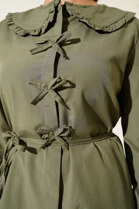 Ruffle Collar Bow Tunic Khaki