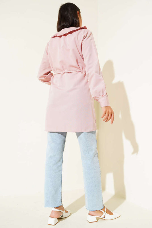 Yaka Fırfırlı Fiyonklu Tunik Pudra