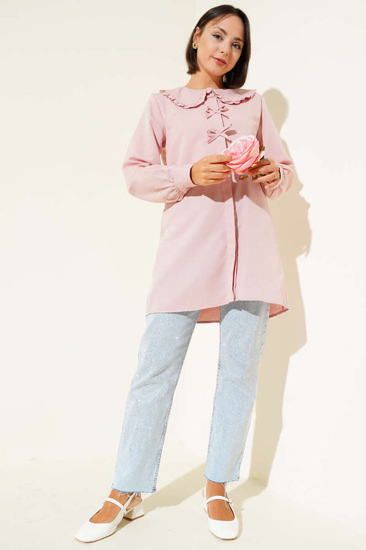 Yaka Fırfırlı Fiyonklu Tunik Pudra