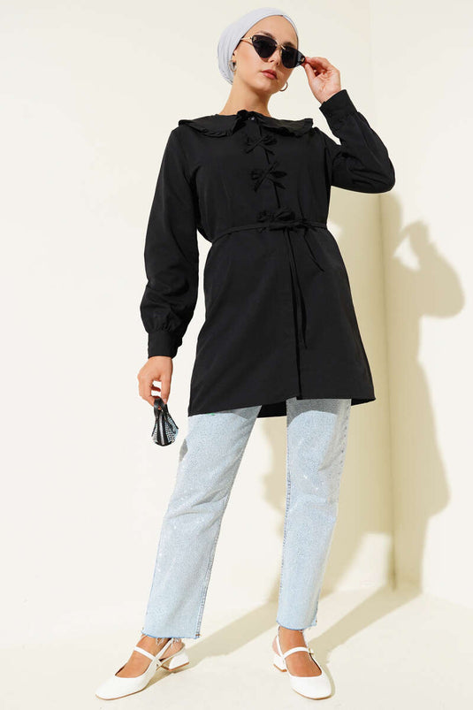 Ruffle Collar Bow Tunic Black