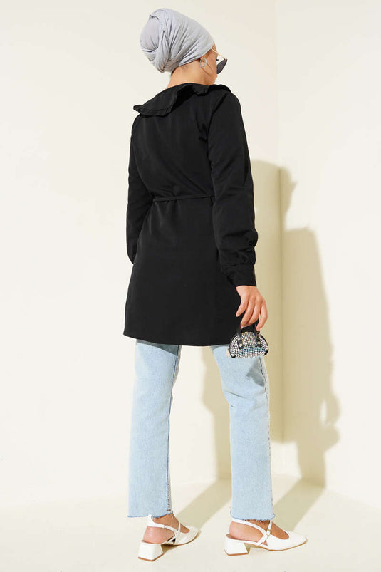Ruffle Collar Bow Tunic Black