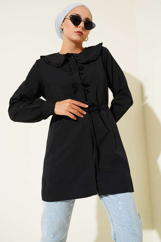 Ruffle Collar Bow Tunic Black