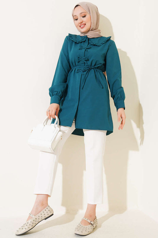 Yaka Fırfırlı Fiyonklu Tunik Zümrüt