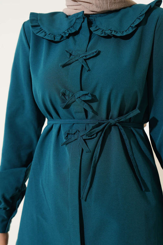 Yaka Fırfırlı Fiyonklu Tunik Zümrüt