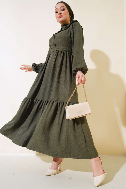 Yaka Fırfırlı Kat Elbise Haki