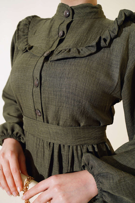 Yaka Fırfırlı Kat Elbise Haki