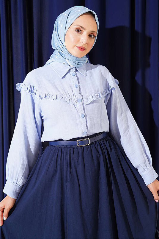 Camisa De Muselina Con Cuello Fruncido Azul