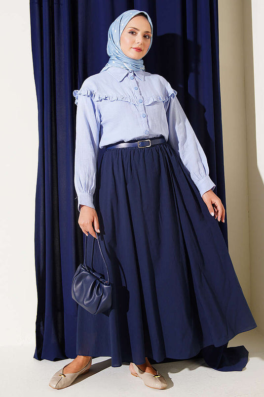 Camisa De Muselina Con Cuello Fruncido Azul