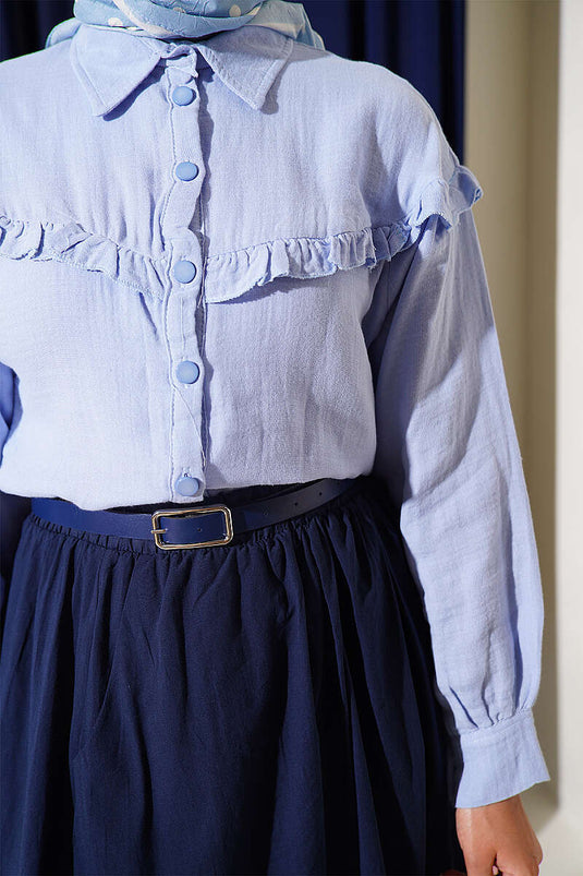 Camisa De Muselina Con Cuello Fruncido Azul