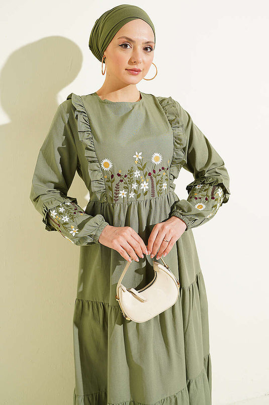 Collared Ruffled Embroidered Poplin Dress Khaki