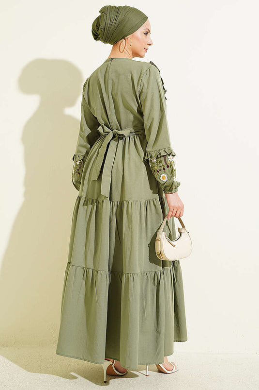 Collared Ruffled Embroidered Poplin Dress Khaki