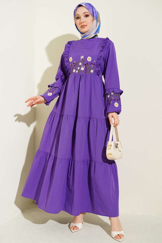 Collared Ruffled Embroidered Poplin Dress Purple