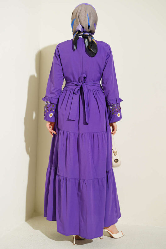 Collared Ruffled Embroidered Poplin Dress Purple