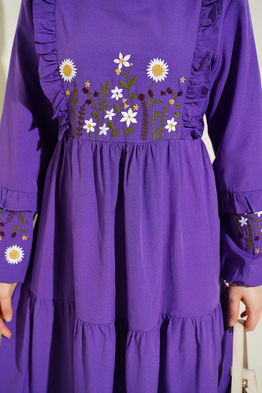 Collared Ruffled Embroidered Poplin Dress Purple
