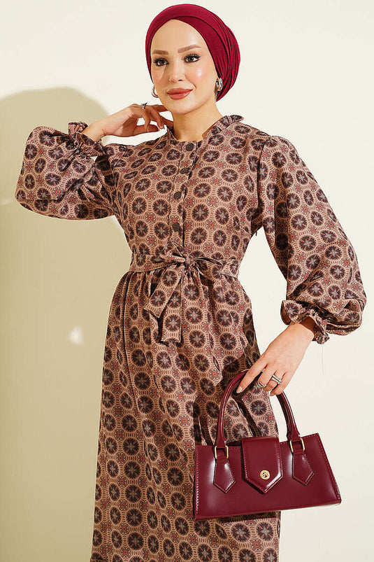Robe Bohème À Col Volanté Couleur Tabac
