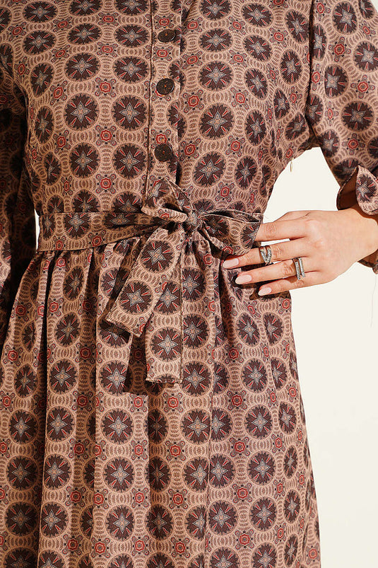 Robe Bohème À Col Volanté Couleur Tabac