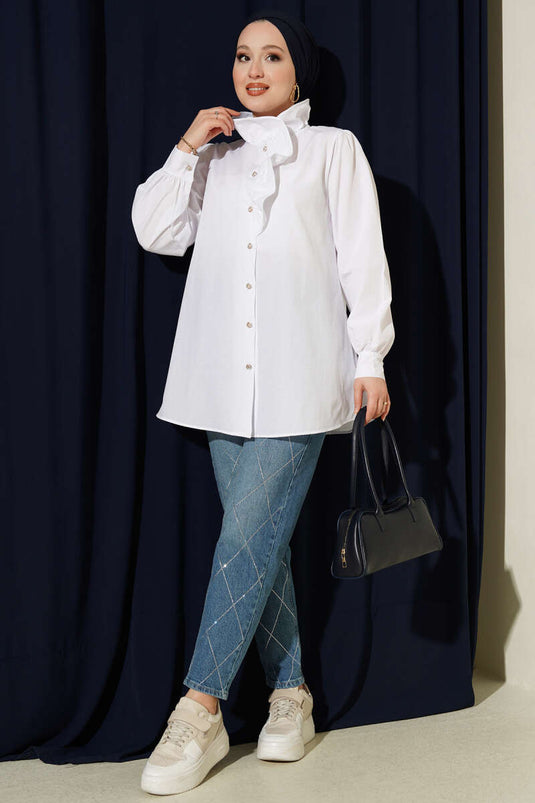 White Shirt with Ruffled Collar and Stone Buttons