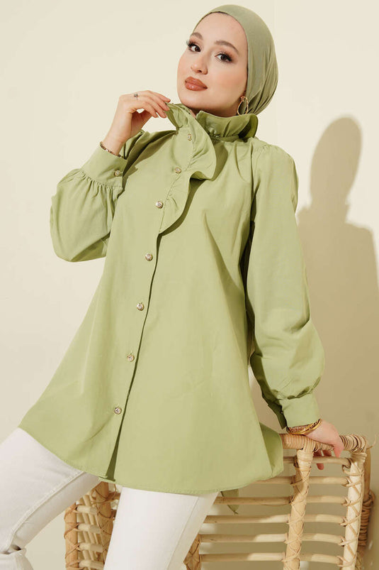 Chemise à volants avec boutons en pierre, couleur vert avocat