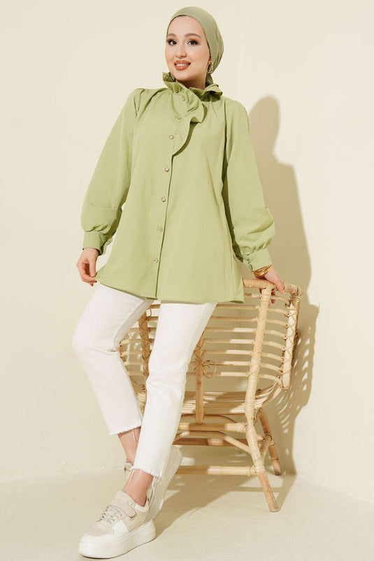 Collared Ruffled Shirt with Stone Buttons in Pistachio Green