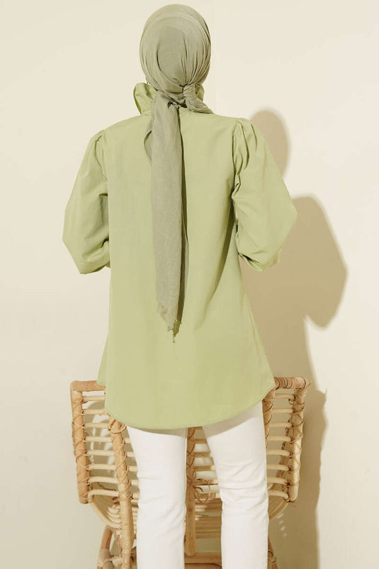 Collared Ruffled Shirt with Stone Buttons in Pistachio Green