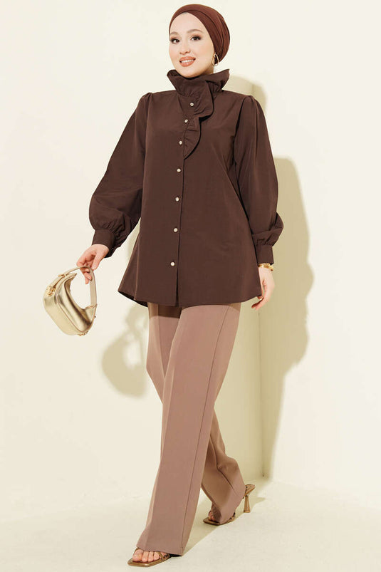 Collared Ruffled Stone-Button Shirt Coffee