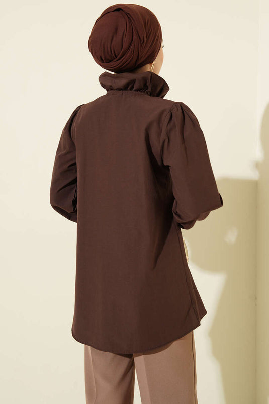 Collared Ruffled Stone-Button Shirt Coffee