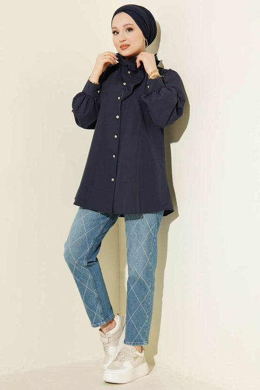 Navy Shirt with Ruffled Collar and Stone Buttons