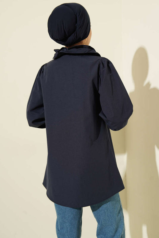 Navy Shirt with Ruffled Collar and Stone Buttons