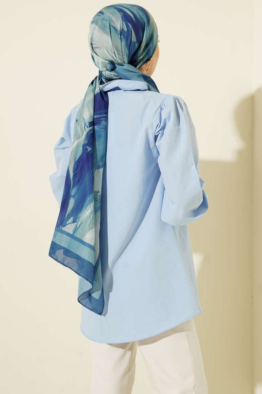 Blue Shirt with Ruffled Collar and Stone Buttons