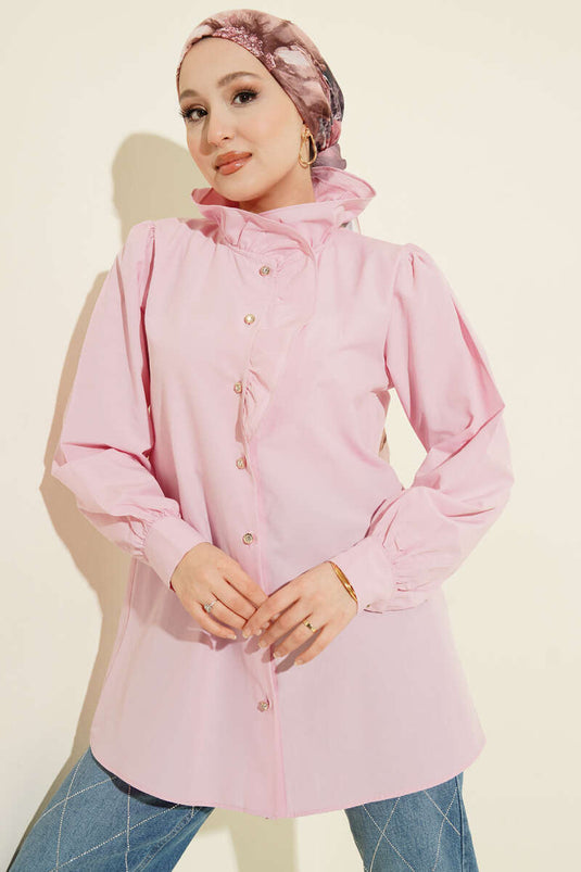 Pink Shirt with Ruffled Collar and Stone Buttons