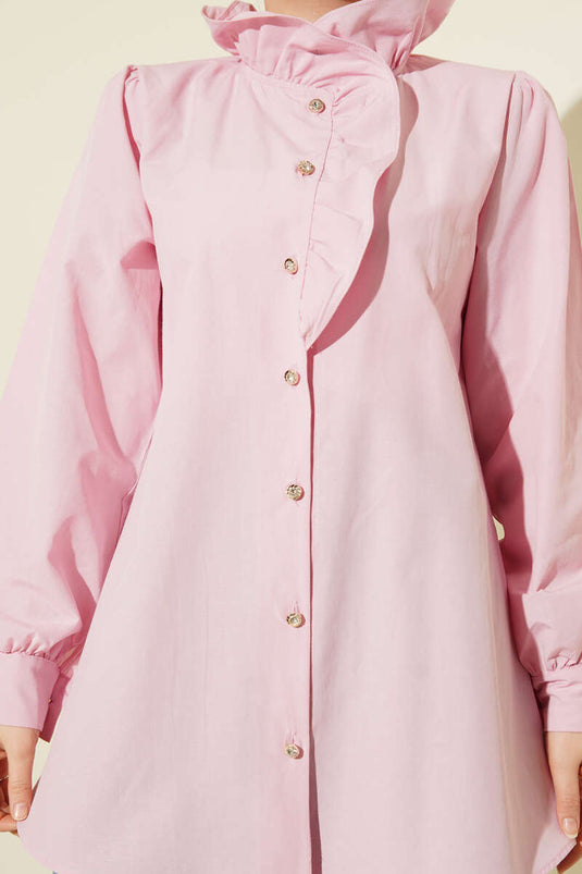 Pink Shirt with Ruffled Collar and Stone Buttons