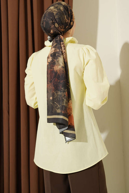 Yellow Shirt with Ruffled Collar and Stone Buttons
