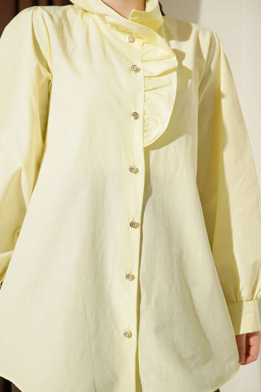 Yellow Shirt with Ruffled Collar and Stone Buttons