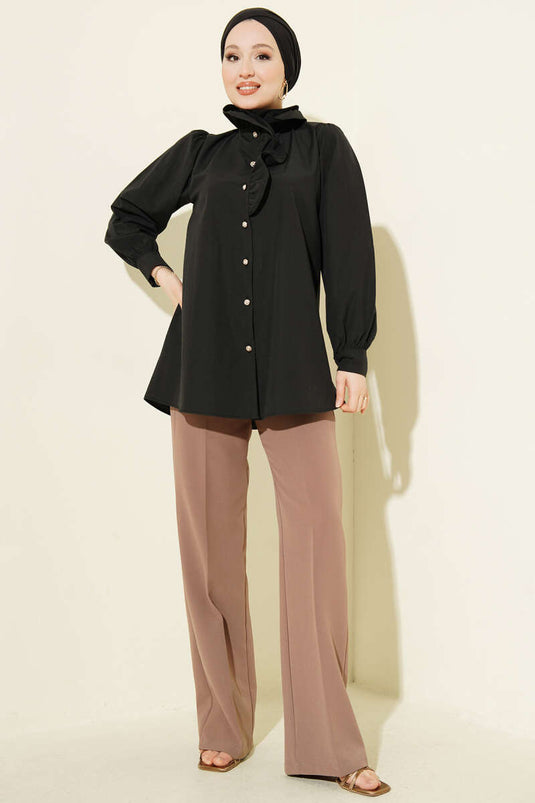 Black Shirt with Ruffled Collar and Stone Buttons