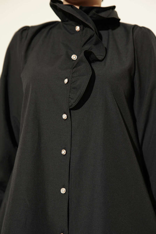 Chemise noire à volants Yaka avec boutons en pierre