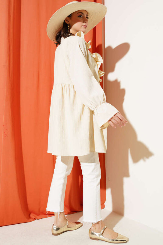 Ruffle Collar Side String Tie Kimono Beige