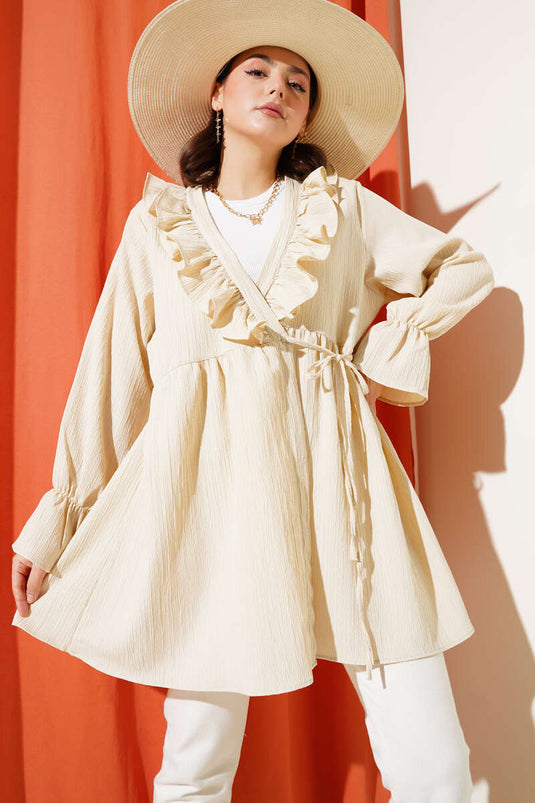 Ruffle Collar Side String Tie Kimono Beige