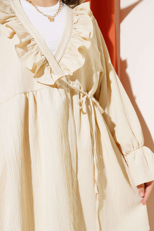 Ruffle Collar Side String Tie Kimono Beige