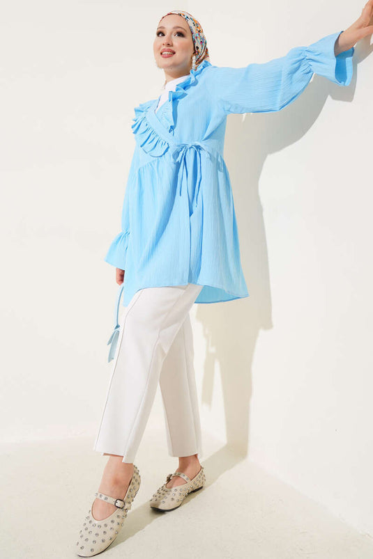 Yaka Fırfırlı Yan İp Bağlamalı Kimono Buz Mavisi