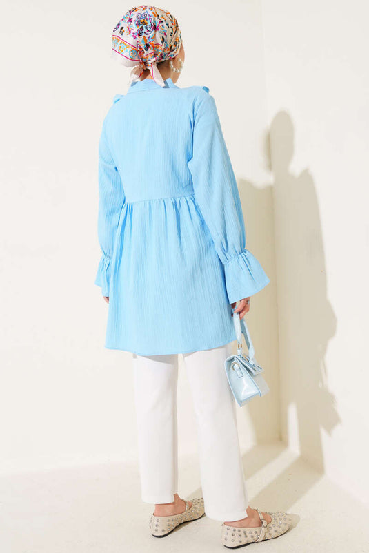 Yaka Fırfırlı Yan İp Bağlamalı Kimono Buz Mavisi