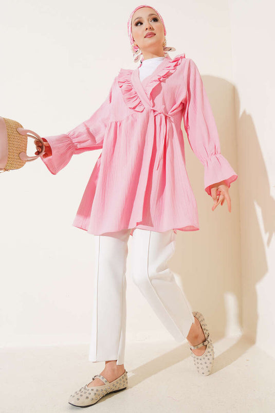 Yaka Fırfırlı Yan İp Bağlamalı Kimono Pembe
