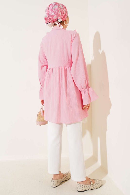 Yaka Fırfırlı Yan İp Bağlamalı Kimono Pembe