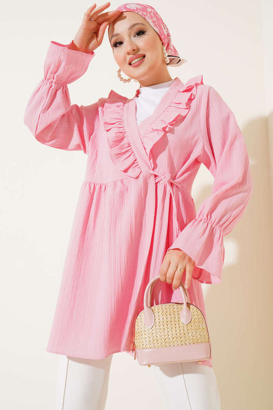 Yaka Fırfırlı Yan İp Bağlamalı Kimono Pembe